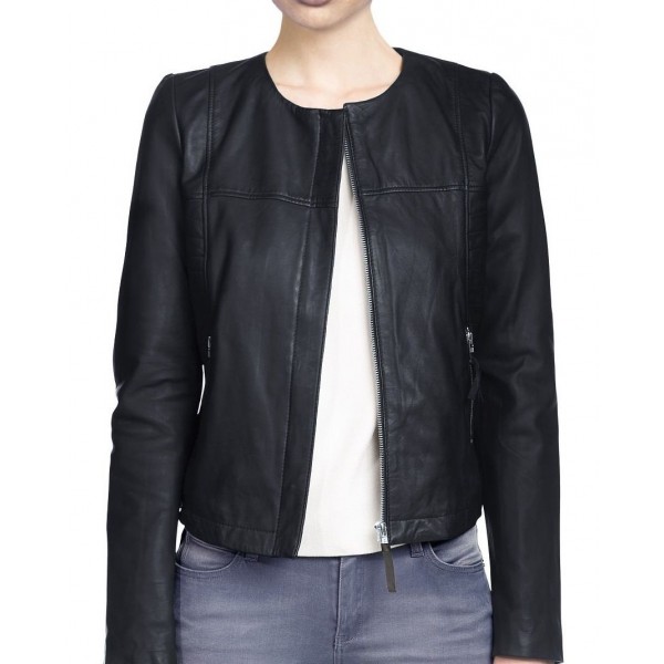 Simple Collarless Womens Original Lambskin Black Leather Jacket