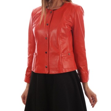 Simple Look Collarless Authentic Lambskin Womens Red Leather Jacket