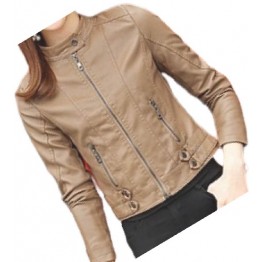 Womens High Fashion Real Sheepskin Beige Leather Jacket Coat
