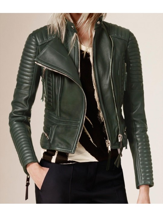 Womens Peplum Waist Lambskin Green Leather Biker Jacket