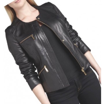 Womens Simple Look Collarless Real Goatskin Black Leather Jacket Coat