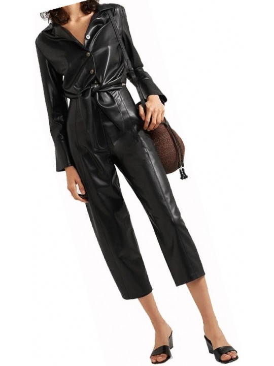 Womens Sophisticated Original Sheepskin Black Leather Jumpsuit