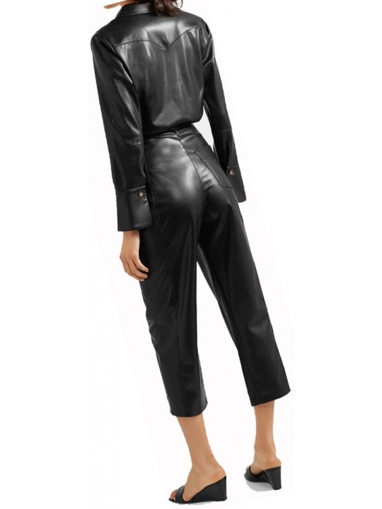 Womens Sophisticated Original Sheepskin Black Leather Jumpsuit