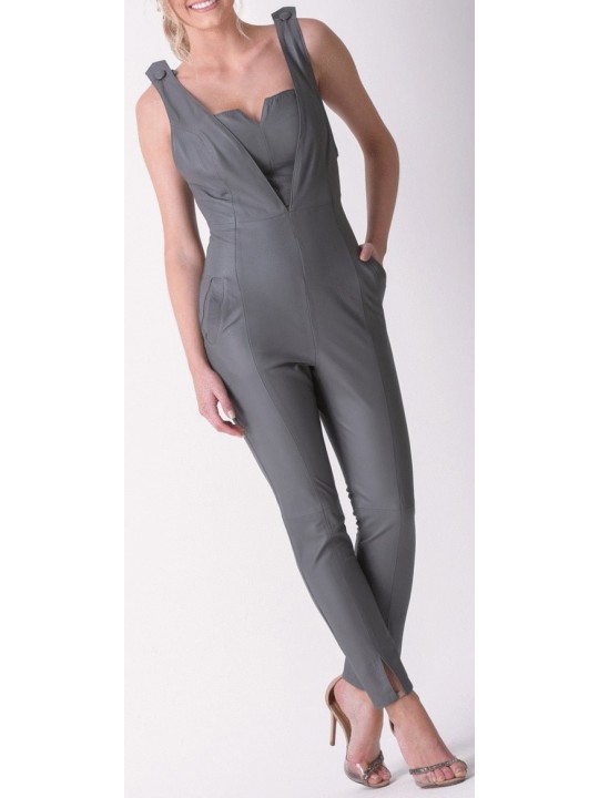 Womens Amazing Look Real Sheepskin Gray Leather Jumpsuit