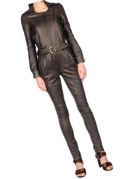 Womens Asymmetric Zipper Original Sheepskin Brown Leather Jumpsuit