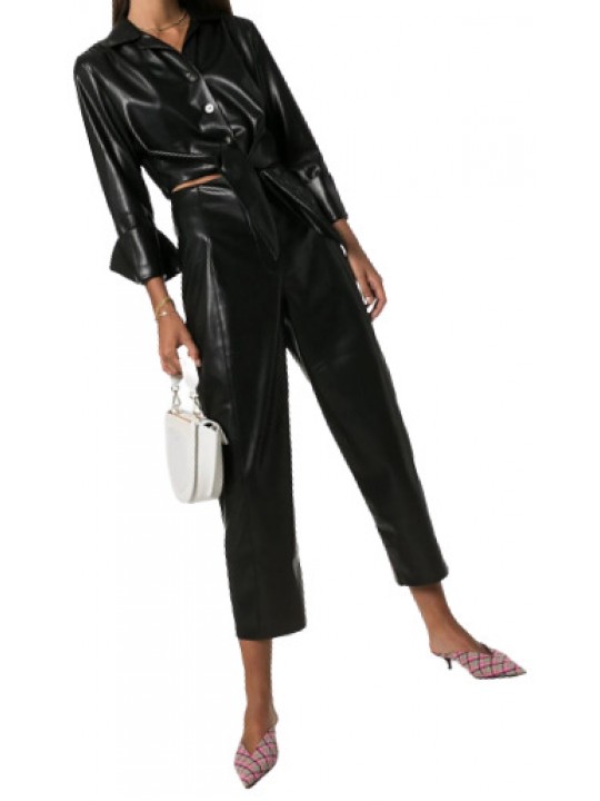 Womens Bold Fashion Original Sheepskin Black Leather Jumpsuit