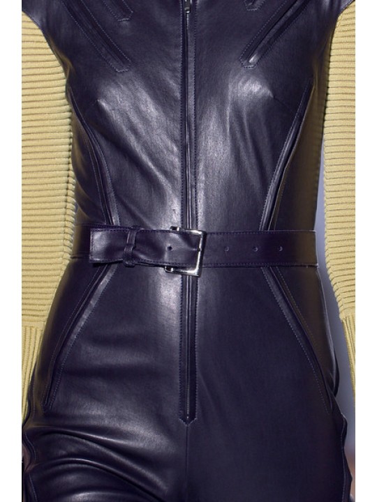 Womens Classic Real Sheepskin Navy Blue Leather Jumpsuit