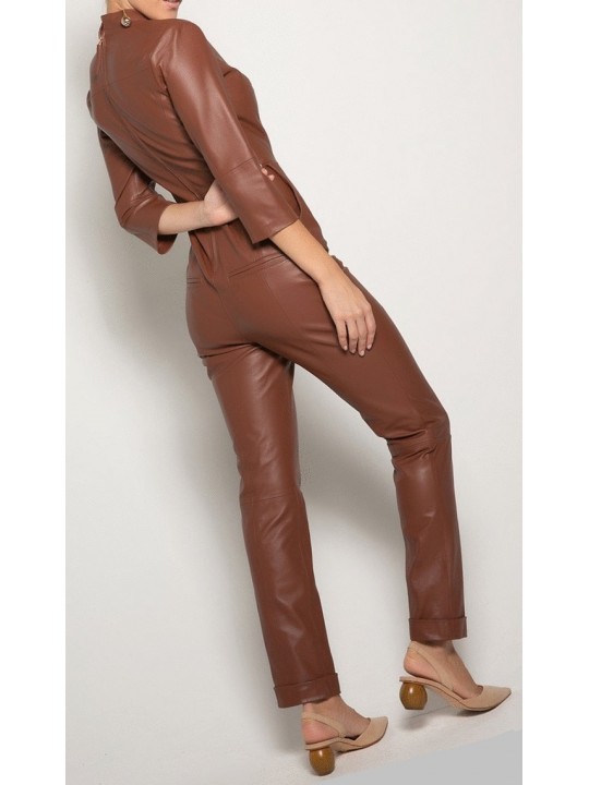 Womens Edgy Fashion Original Sheepskin Brown Leather Jumpsuit