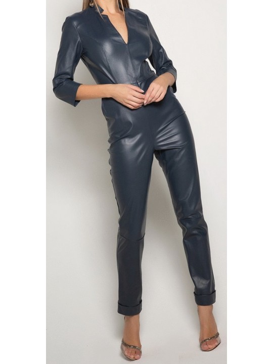 Womens Edgy Fashion Original Sheepskin Navy Blue Leather Jumpsuit