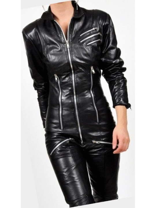 Womens Elegant Original Sheepskin Black Leather Jumpsuit