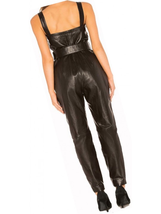 Womens Exclusive Fashion Original Sheepskin Black Leather Jumpsuit