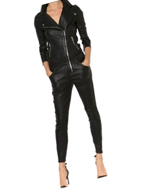 Womens Fabulous Asymmetric Zipper Real Sheepskin Black Leather Jumpsuit