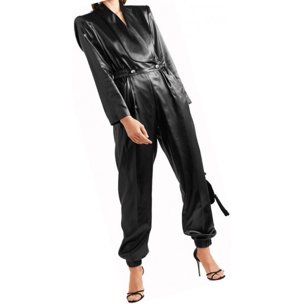 Womens Fashionable Double Breasted Real Sheepskin Black Leather Jumpsuit