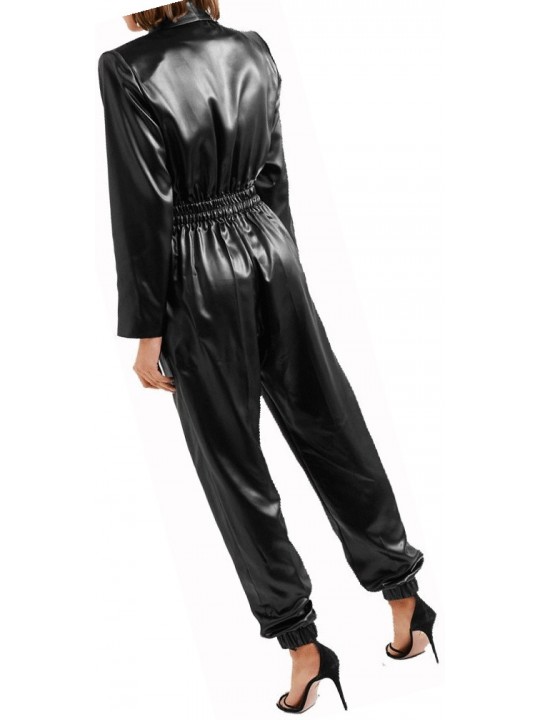 Womens Fashionable Double Breasted Real Sheepskin Black Leather Jumpsuit