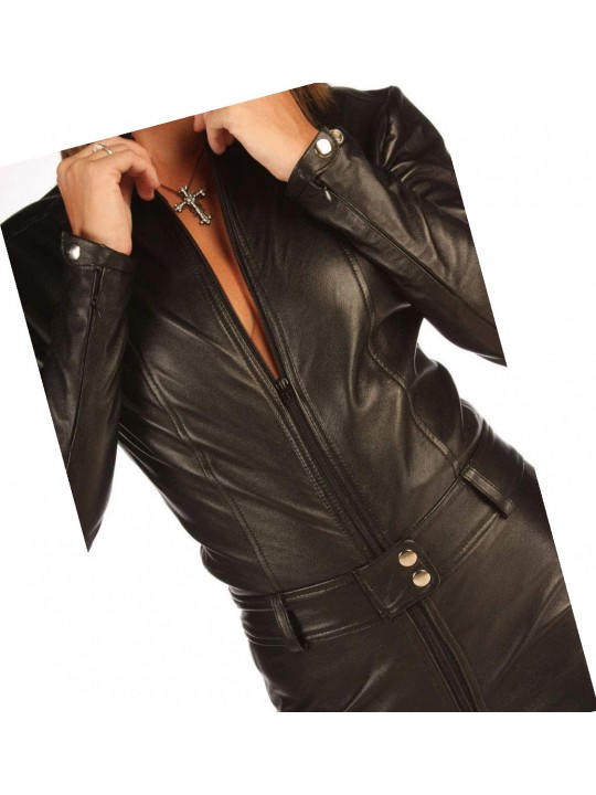 Womens High Fashion Real Sheepskin Black Leather Jumpsuit