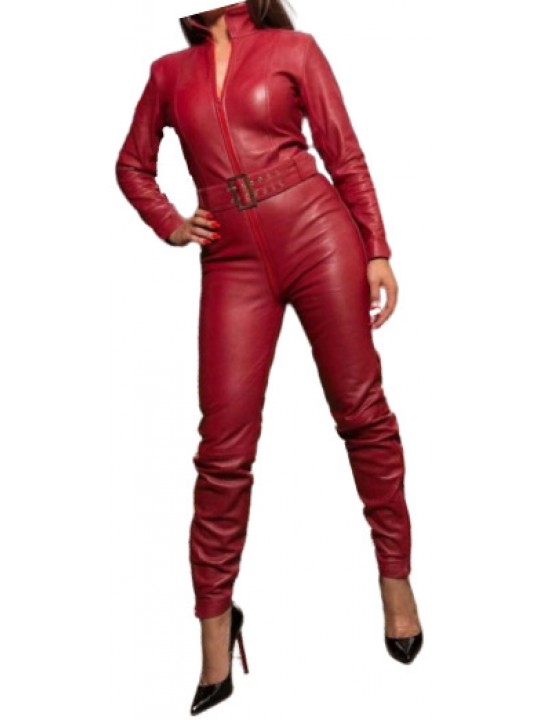 Womens Luxury Fashion Original Sheepskin Cherry Red Leather Jumpsuit