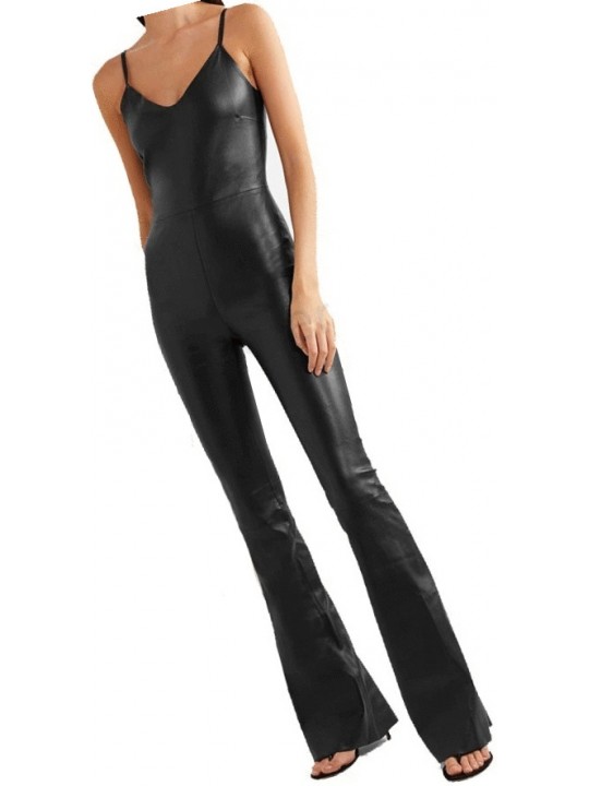 Womens Sleeveless Wide Leg Original Sheepskin Black Leather Jumpsuit
