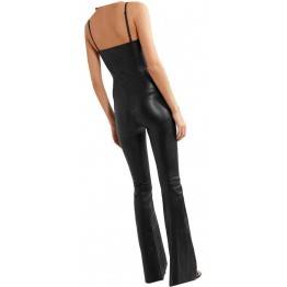 Womens Sleeveless Wide Leg Original Sheepskin Black Leather Jumpsuit