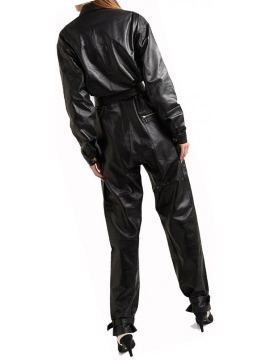 Womens Stunning Original Sheepskin Black Leather Jumpsuit
