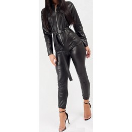 Womens Trendy Original Sheepskin Black Leather Jumpsuit