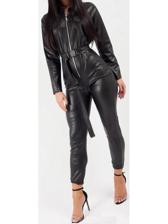 Womens Trendy Original Sheepskin Black Leather Jumpsuit