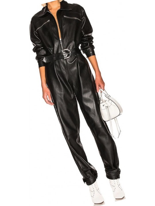 Womens Unique Trendy Original Sheepskin Black Leather Jumpsuit