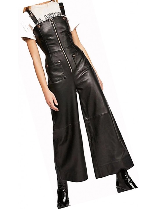 Womens Wide Leg Pure Lambskin Black Leather Jumpsuit