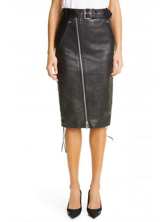 Ladies Long Front Zipper And Side Lace-Up Real Sheepskin Black Leather Skirt