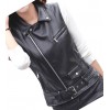Womens Cute Style Sleeveless Moto Real Sheepskin Black Leather Motorcycle Jacket Vest Waistcoat
