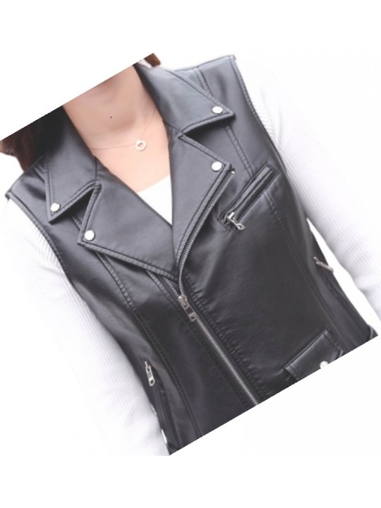 Womens Cute Style Sleeveless Moto Real Sheepskin Black Leather Motorcycle Jacket Vest Waistcoat