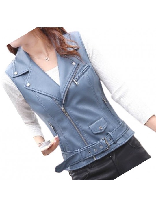 Womens Cute Style Sleeveless Moto Real Sheepskin Blue Leather Motorcycle Jacket Vest Waistcoat