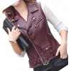 Womens Cute Style Sleeveless Moto Real Sheepskin Burgundy Leather Motorcycle Jacket Vest Waistcoat