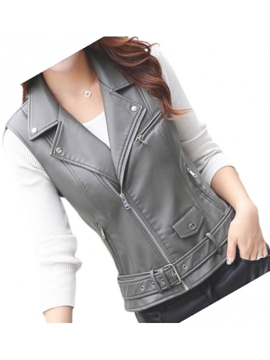 Womens Cute Style Sleeveless Moto Real Sheepskin Gray Leather Motorcycle Jacket Vest Waistcoat