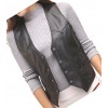 Womens Designer Style Sleeveless Real Leather Black Biker Vest Waistcoat