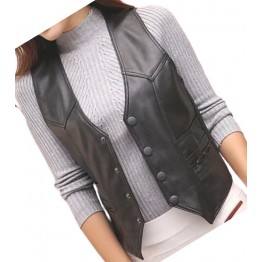 Womens Designer Style Sleeveless Real Leather Black Biker Vest Waistcoat