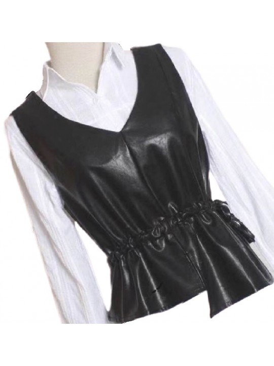 Womens Eye-Catching Sleeveless Real Lambskin Black Leather Vest Waistcoat