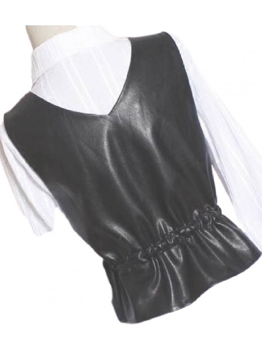 Womens Eye-Catching Sleeveless Real Lambskin Black Leather Vest Waistcoat