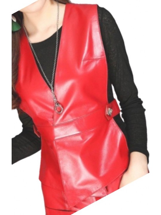 Womens Incredible Look Sleeveless Real Lambskin Red Leather Vest Waistcoat