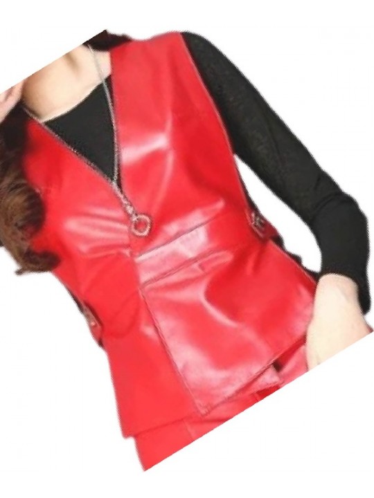 Womens Incredible Look Sleeveless Real Lambskin Red Leather Vest Waistcoat