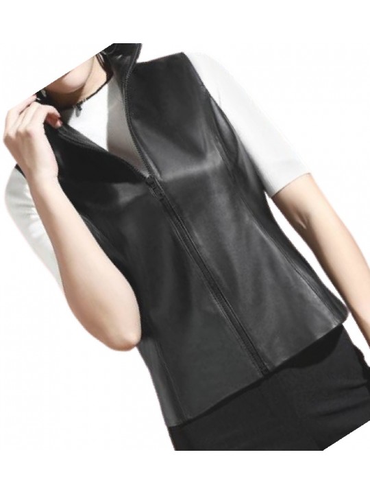 Womens New Fashion Sleeveless Moto Real Lambskin Black Motorcycle Vest Waistcoat