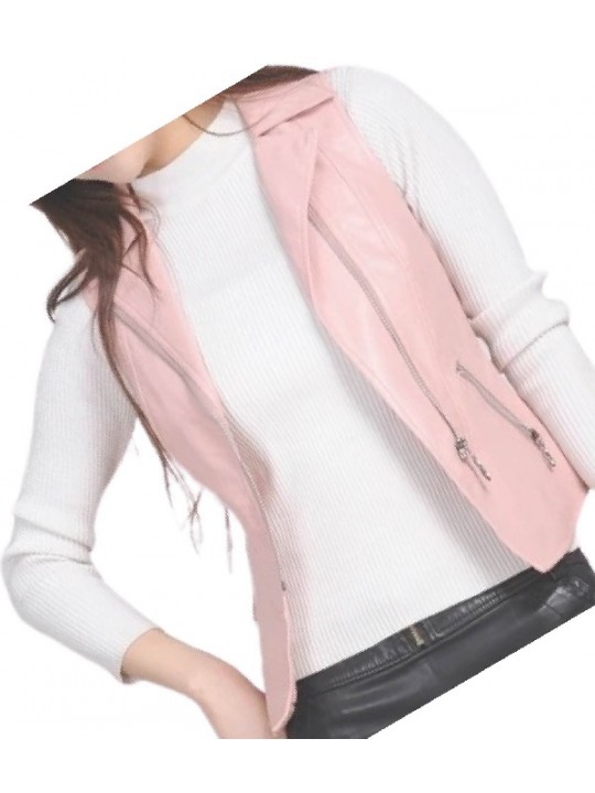 Womens Prominent Style Sleeveless Moto Real Sheepskin Pink Leather Motorcycle Biker Vest Waistcoat