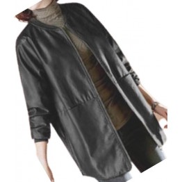 Womens Round Neck Real Sheepskin Black Leather Bomber Jacket