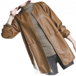 Womens Round Neck Real Sheepskin Brown Leather Bomber Jacket