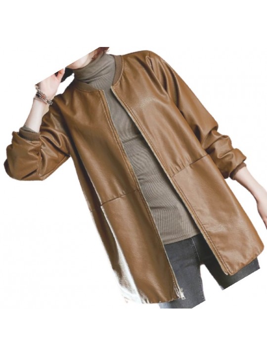 Womens Round Neck Real Sheepskin Brown Leather Bomber Jacket