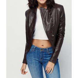 Womens Button Style Bitter Chocolate Leather Coat Jacket