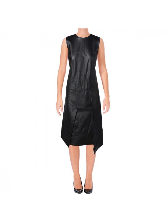 Womens Casual Pieced Real Black Leather Sleeveless Dress Outfit