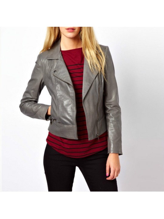 Womens Casual Slim Fit Real Lambskin Grey Leather Jacket