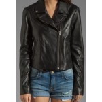 Womens Classic Front Collar Black Leather Motorcycle Jacket