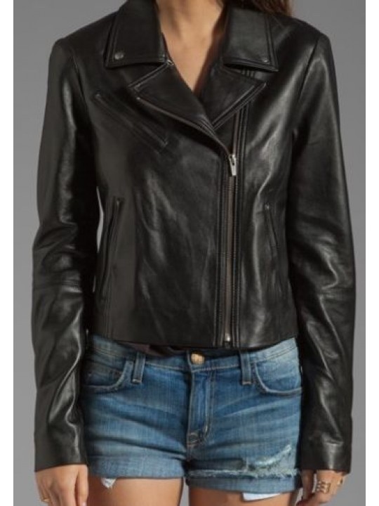 Womens Classic Front Collar Black Leather Motorcycle Jacket