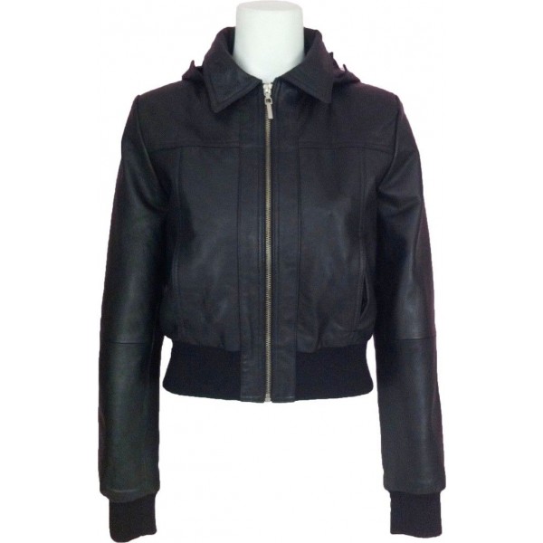 Womens Classic Hooded Black Leather Bomber Jacket